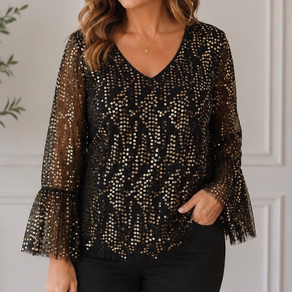 Black Sequin Mesh Bell Sleeve V-Neck Party Cocktail Holiday Top Womens M Holiday